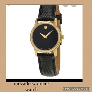 2-1 movado black dial black leather strap ladies watch